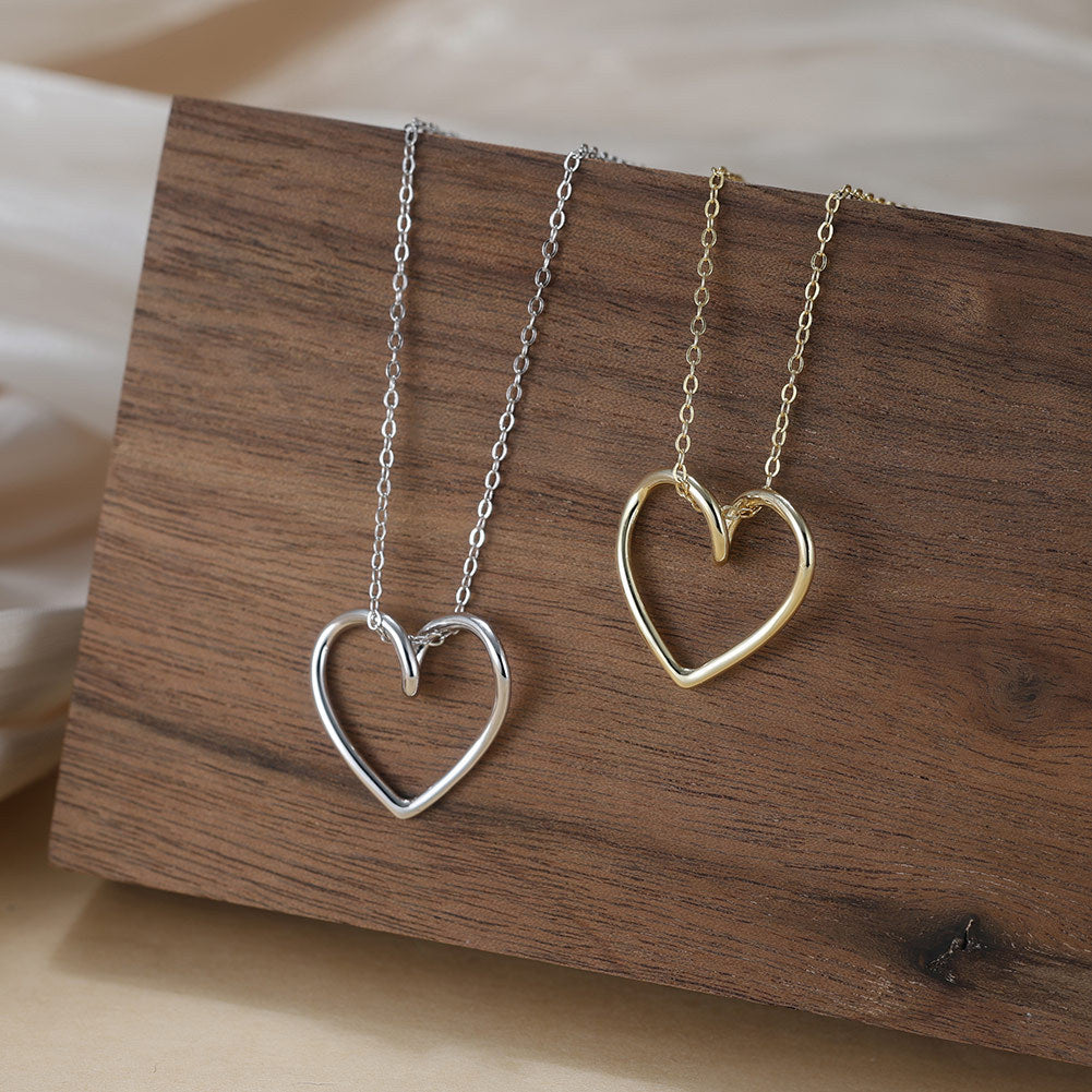 Silver Stainless Steel Open Hollow Heart Necklace, Intertwined Loop Outline Heart Pendant Thin Cable Chain