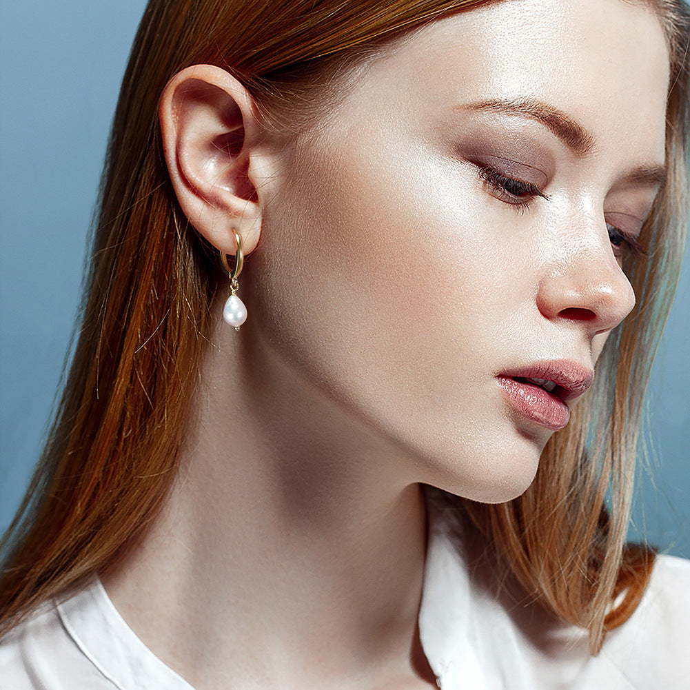 S925 Sterling Silver Chunky Huggie Hoop Pearl Earrings, Bulbous Teardrop Shaped Lustrous Freshwater Pearl Dangling from Thick Polished Huggie