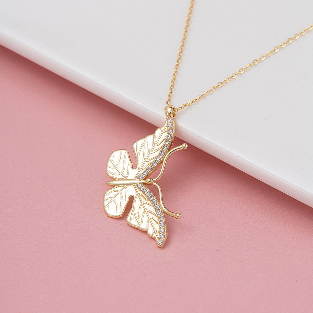 Gold Stainless Steel Textured Butterfly Pendant Necklace, Paved Clear CZ Wing Detail Cable Chain Necklace