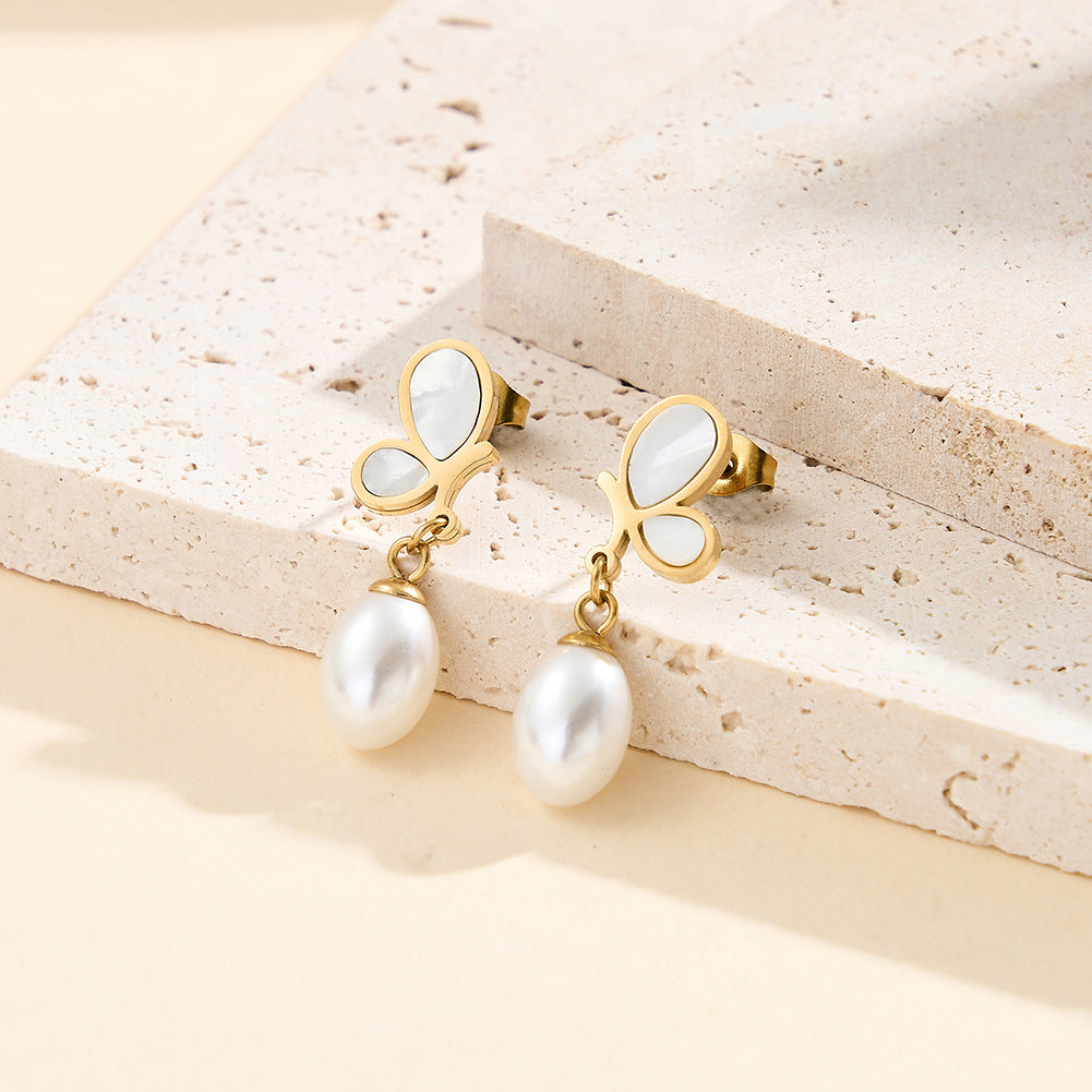Gold Plated Stainless Steel Mother of Pearl Butterfly Faux Pearl Drop Stud Earrings