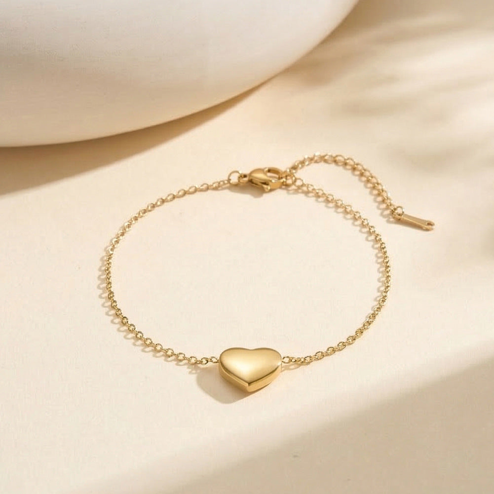 Gold Plated Stainless Steel Puffy Heart Bracelet, Solid 3D Heart Charm on Thin Adjustable Cable Chain