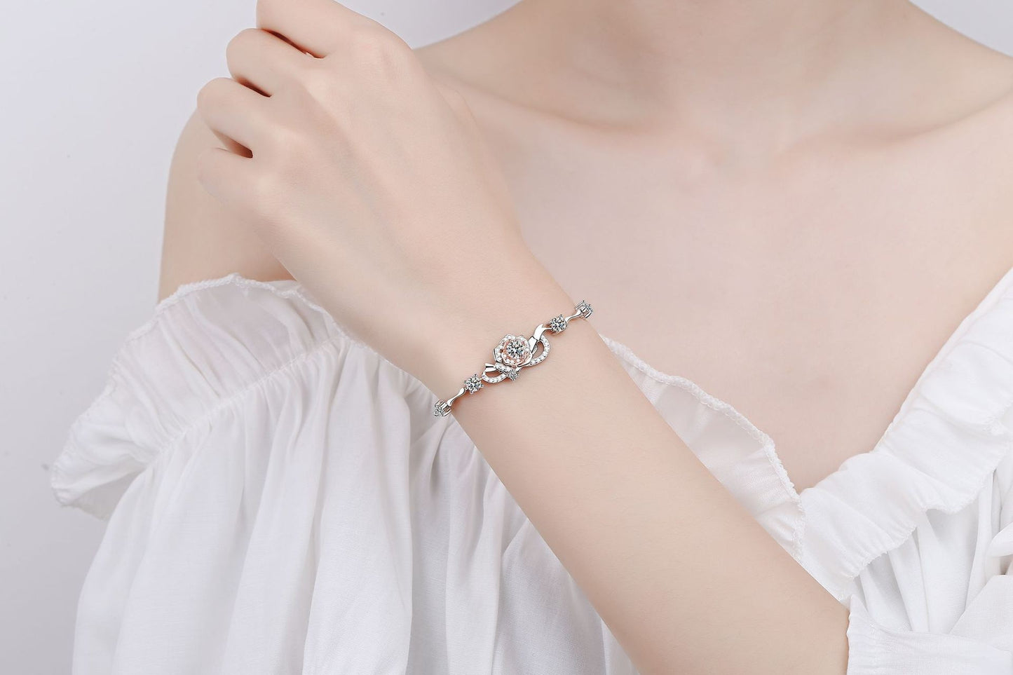 925 Sterling Silver Moissanite Flower Rosegold and White Gold Plated Bracelet or Women Girl