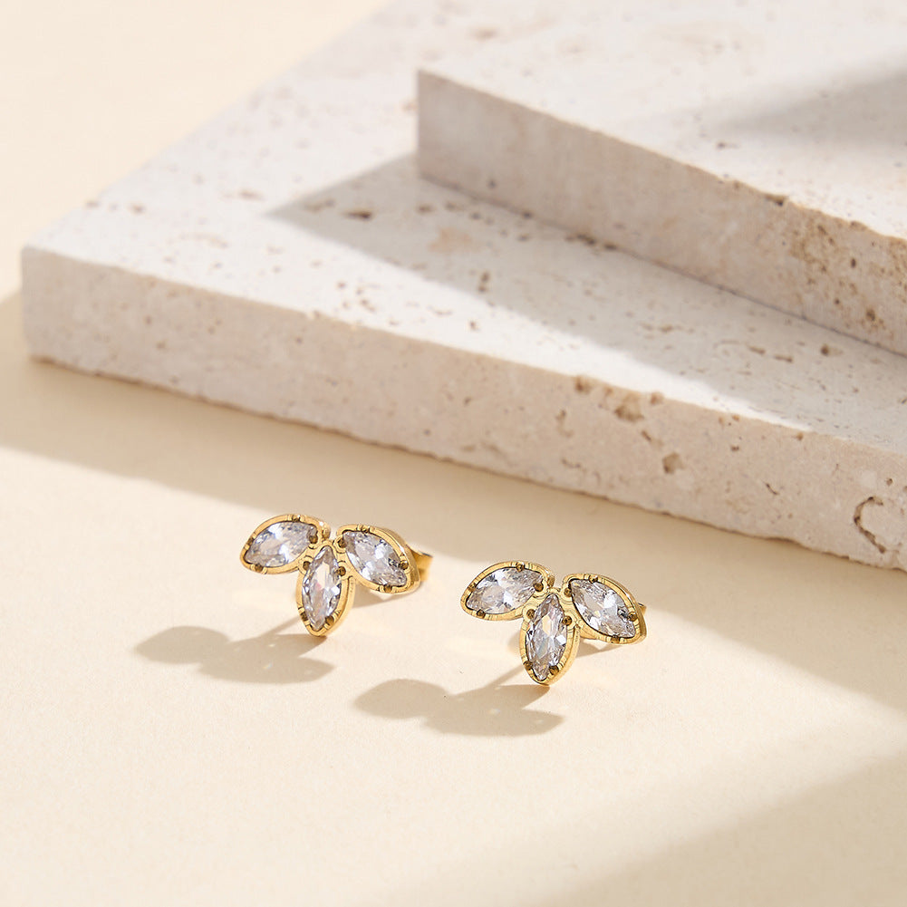 Gold Plated Stainless Steel Marquise CZ Three-Leaf Stud Earrings