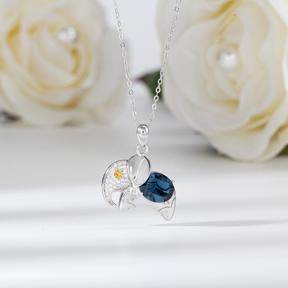 Silver Stainless Steel Elephant Pendant Necklace, Large Blue Round CZ & Micro Pave Clear Zircon Animal Charm