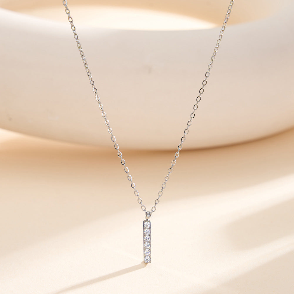 Gold Stainless Steel Vertical Bar CZ Pendant Necklace, 6 Round Cubic Zirconia Inlaid Rectangle Bar Cable Chain