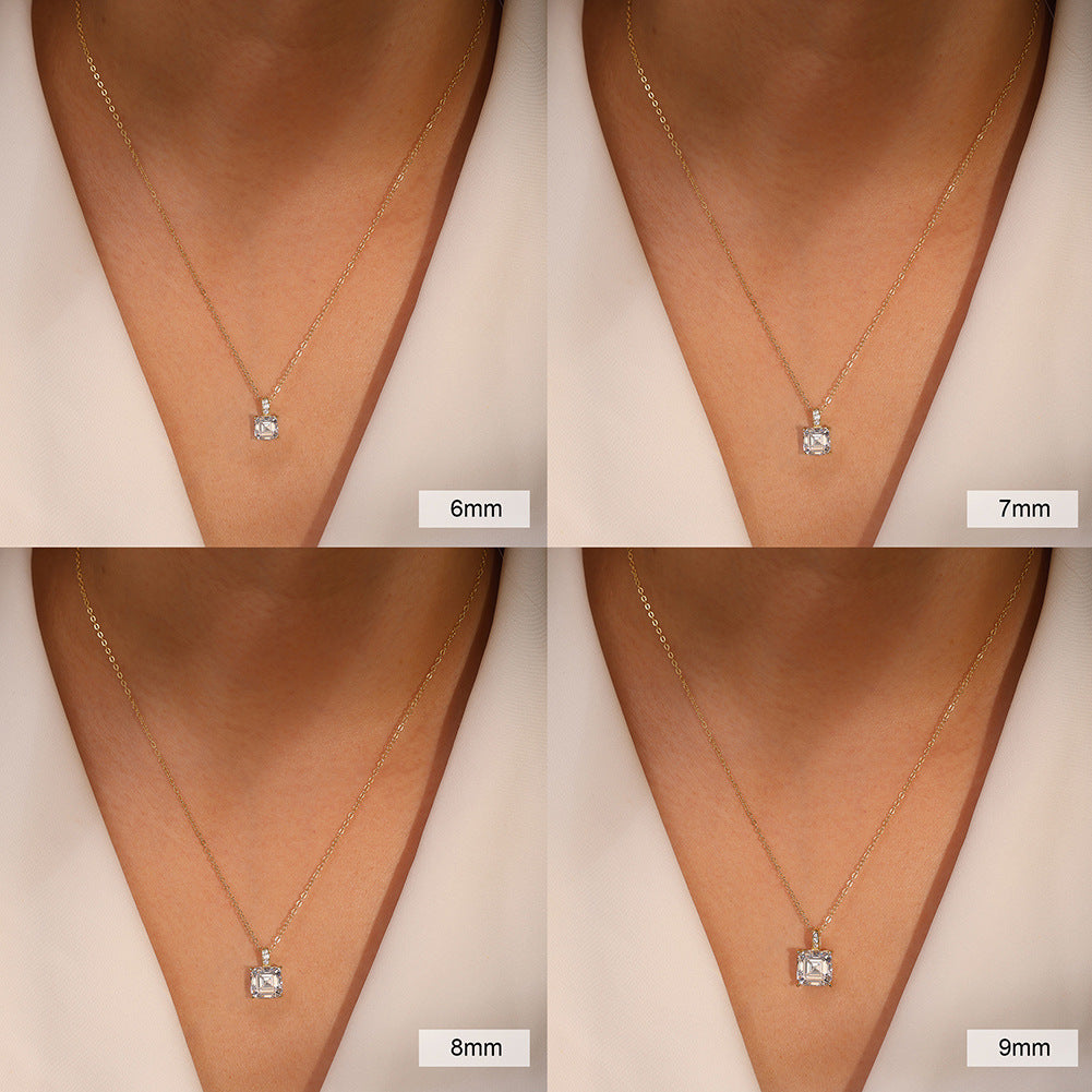 Gold Stainless Steel Square Emerald Cut CZ Pendant Necklace, 4 Prong Asscher Cut Zircon with Small Side Stones