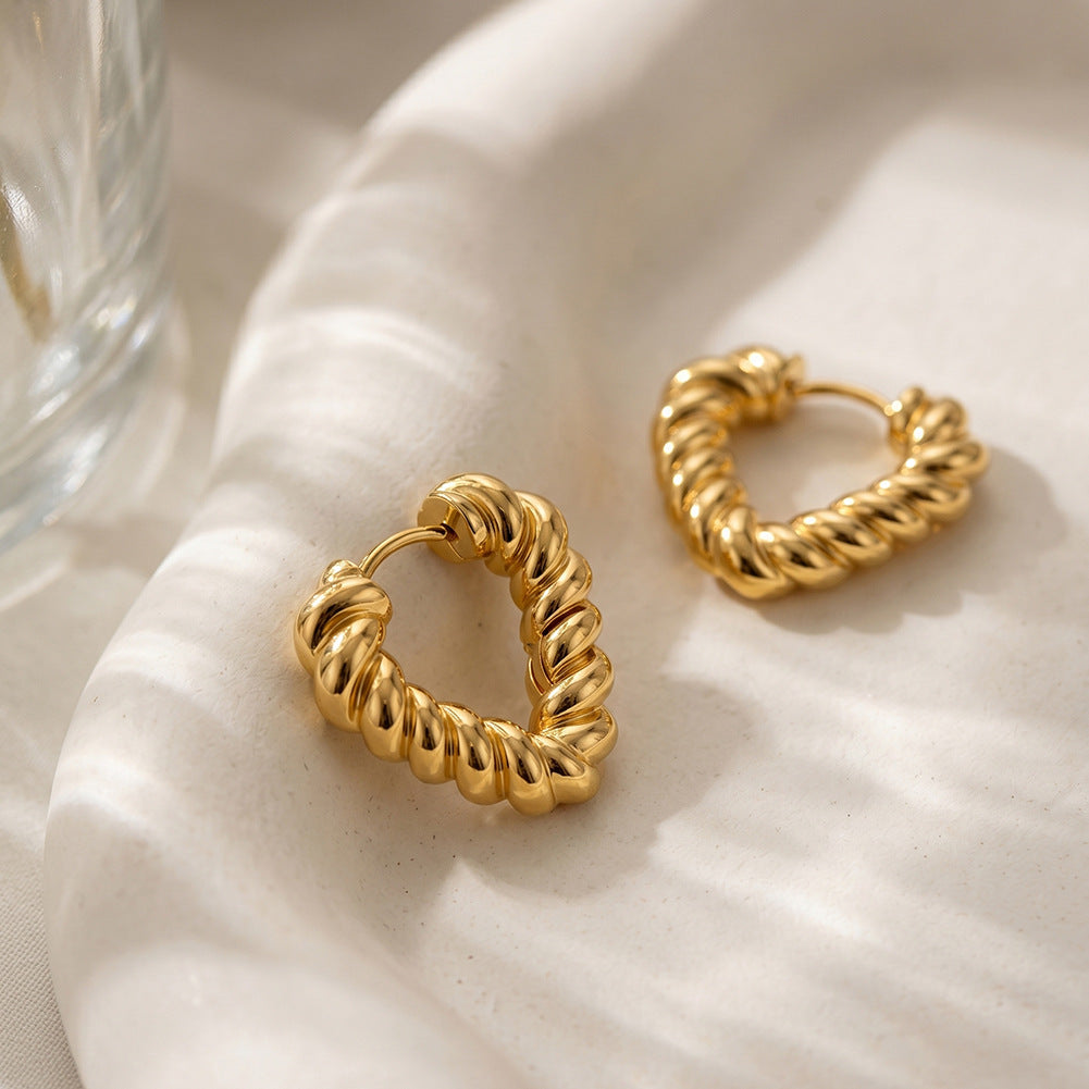 Gold Plated Stainless Steel Twisted Rope Heart Shape Huggie Hoop Earrings