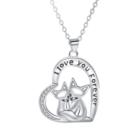 Copper With Silver Plated Heart Cats Pendant Necklace