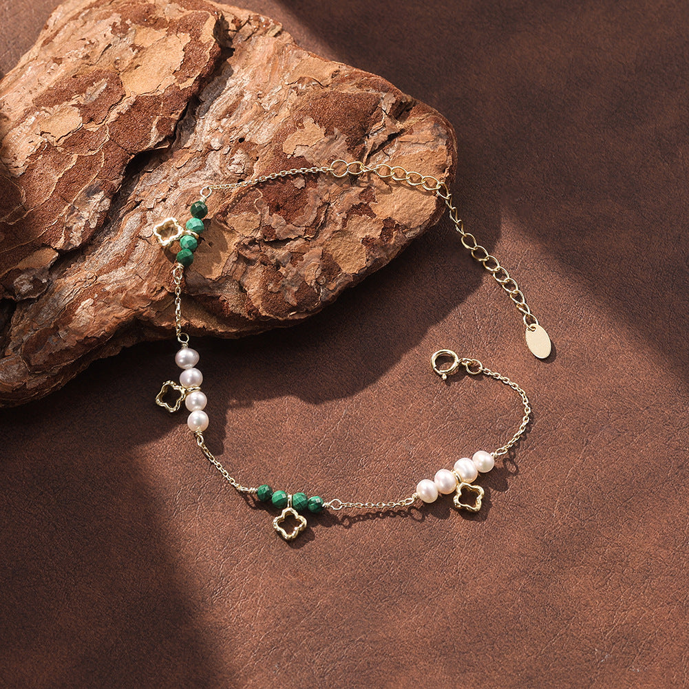 MPB24S925 Gold Plated Clover Pearl Bracelet, Dainty Cable Chain with Lustrous Freshwater Pearls & Green Malachite Beads, Hollow Four Leaf Clover Charms
