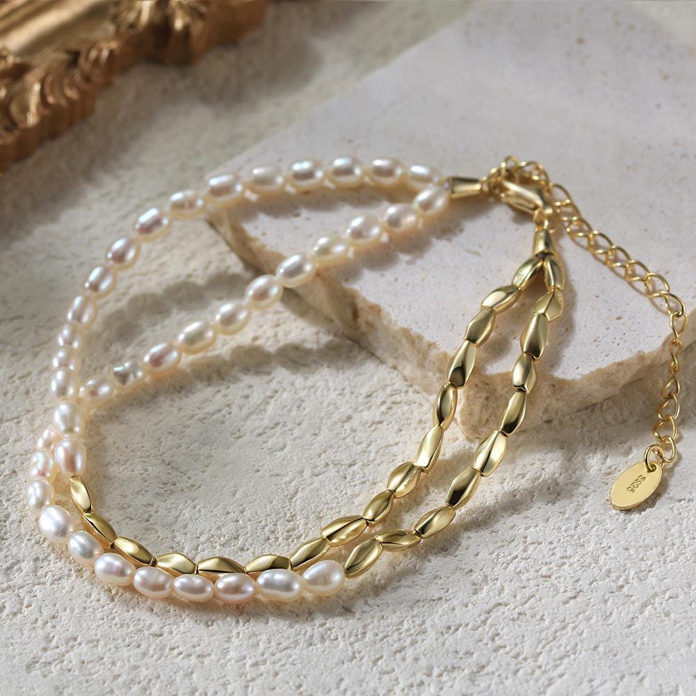 14K Gold Plated Double Strand Bracelet, Tiny Rice Freshwater Pearls with Polished Gold Oval Links, S925 Tag Adjustable Extension Chain