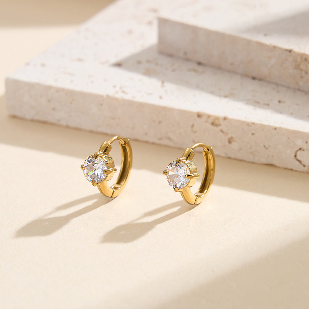 Gold Plated Stainless Steel Round Cubic Zirconia Four Prong Huggie Hoop Earrings