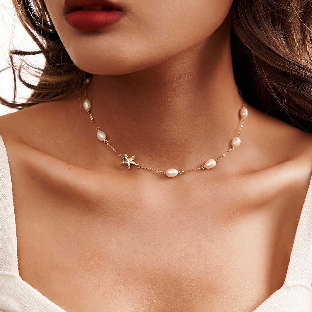 Gold Stainless Steel Baroque Pearl Station Necklace, Pave CZ Starfish Charm Freshwater Pearl Beaded Chain