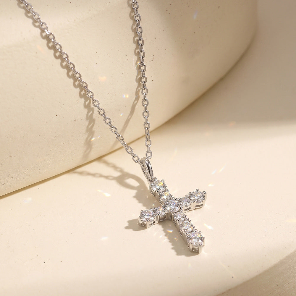 Gold Stainless Steel CZ Cross Necklace, Round Cut Clear Cubic Zirconia Paved Cross Pendant, Thin Rolo Chain