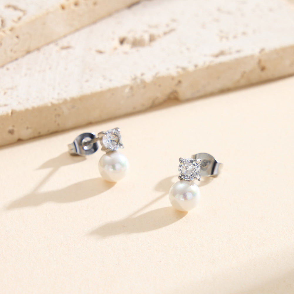 Silver Stainless Steel Solitaire CZ and Imitation Pearl Drop Stud Earrings