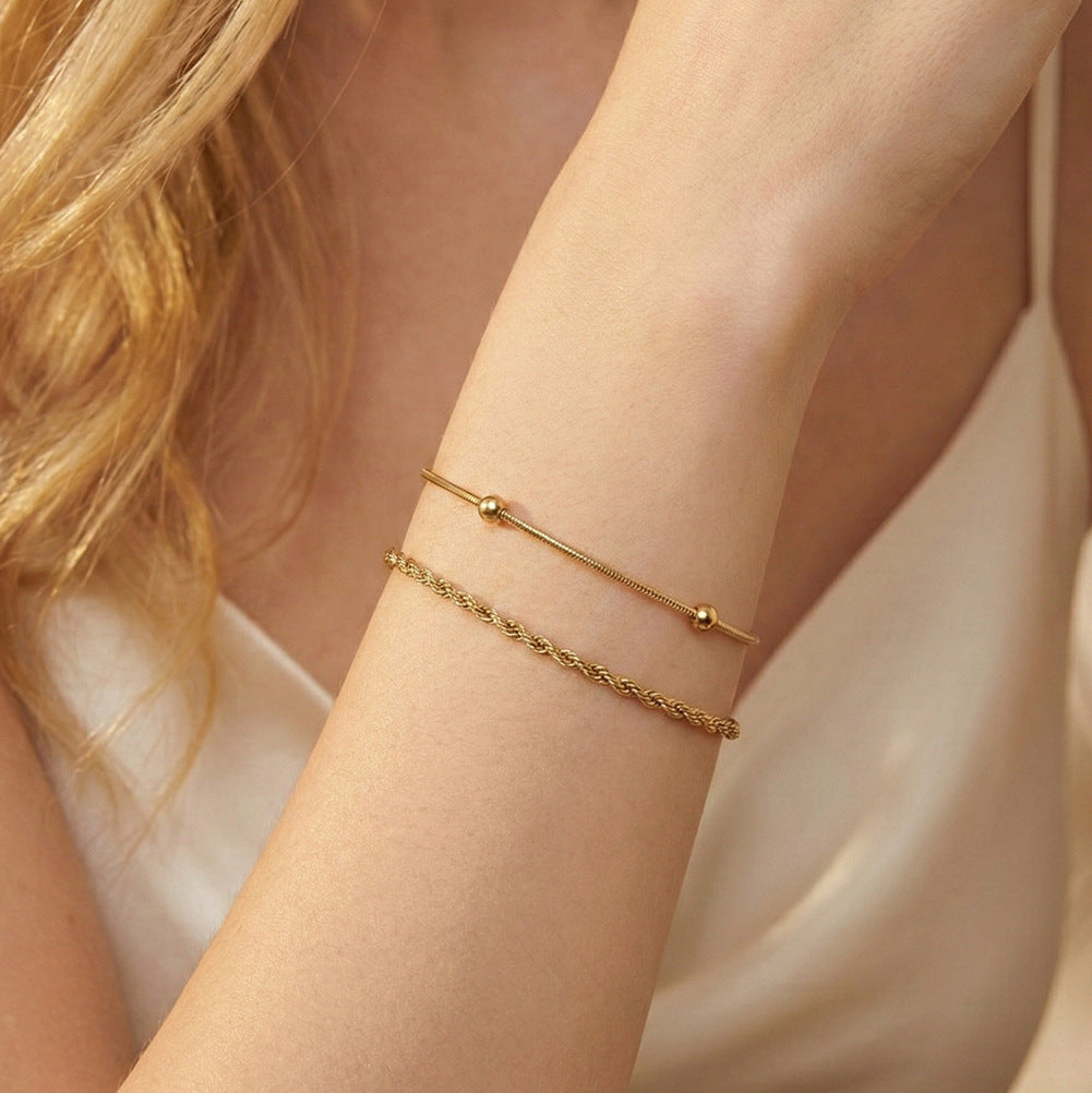Gold Plated Stainless Steel Double Chain Bracelet, Twisted Rope Chain & Snake Chain with Round Ball Charms, Adjustable