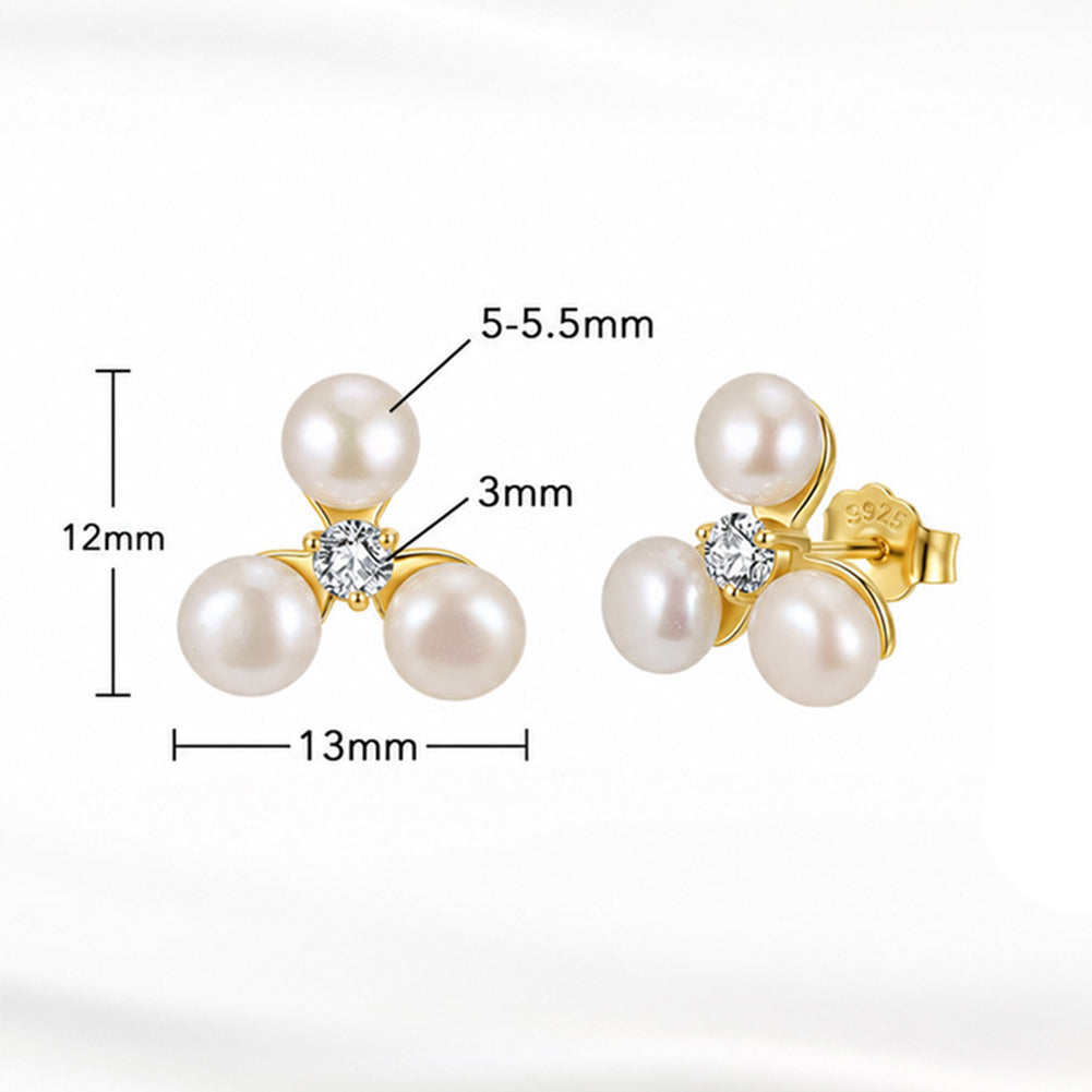 S925 Sterling Silver Three Pearl Clover Stud Earrings, Three Round Pearls with Warm Subtle Iridescent Luster