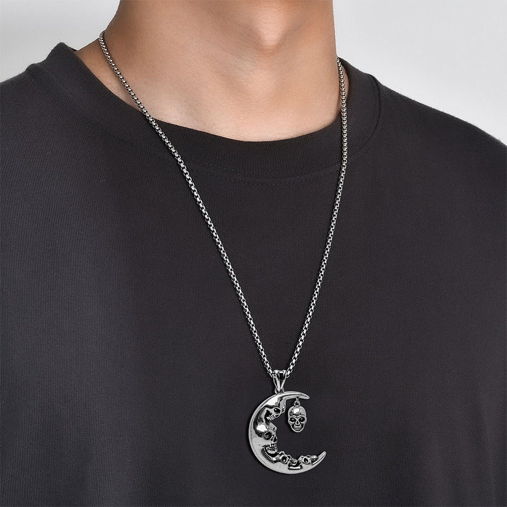 Halloween Gothic Moon Skull Pendant Necklace, Men Women's Fashion Jewelry, Perfect for Parties & Gifts, Elegant Accessory for Everyday Wear