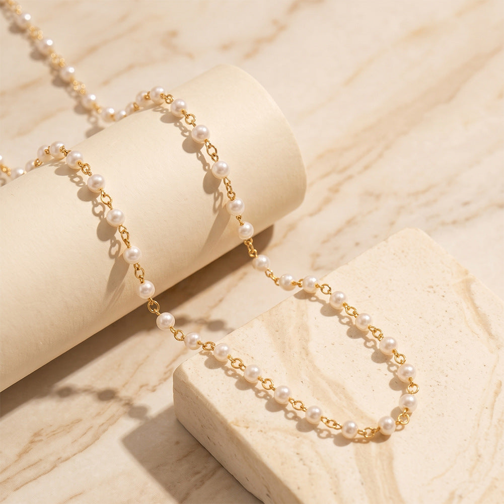 Full Strand Round Lustrous Freshwater Pearl Station Necklace, Uniform White Cultured Pearls Gold Plated S925 Link Chain