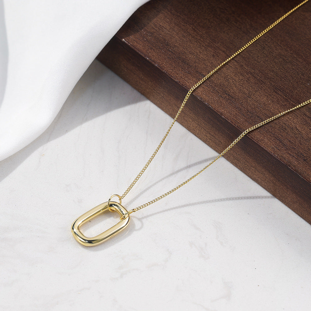 Gold Stainless Steel Rectangular Open Link Pendant Necklace, Large Hollow Paperclip Charm Cable Chain