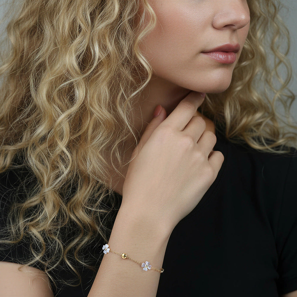 Gold Plated Stainless Steel Floral Bracelet, White Shell Flower Charms with CZ Accent Stones, Dainty Thin Chain, Adjustable