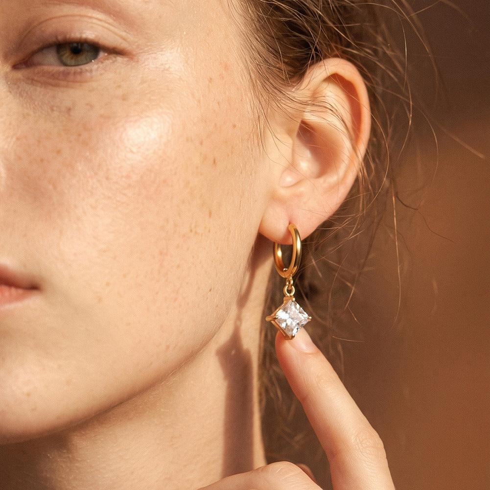 Gold Plated 316 Stainless Steel Huggie Hoop Earrings with Square Princess Cut Clear Cubic Zirconia Dangle Charm