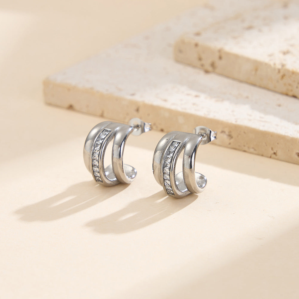 Gold Plated Stainless Steel Triple Band C Hoop Earrings With Inlaid CZ Strip