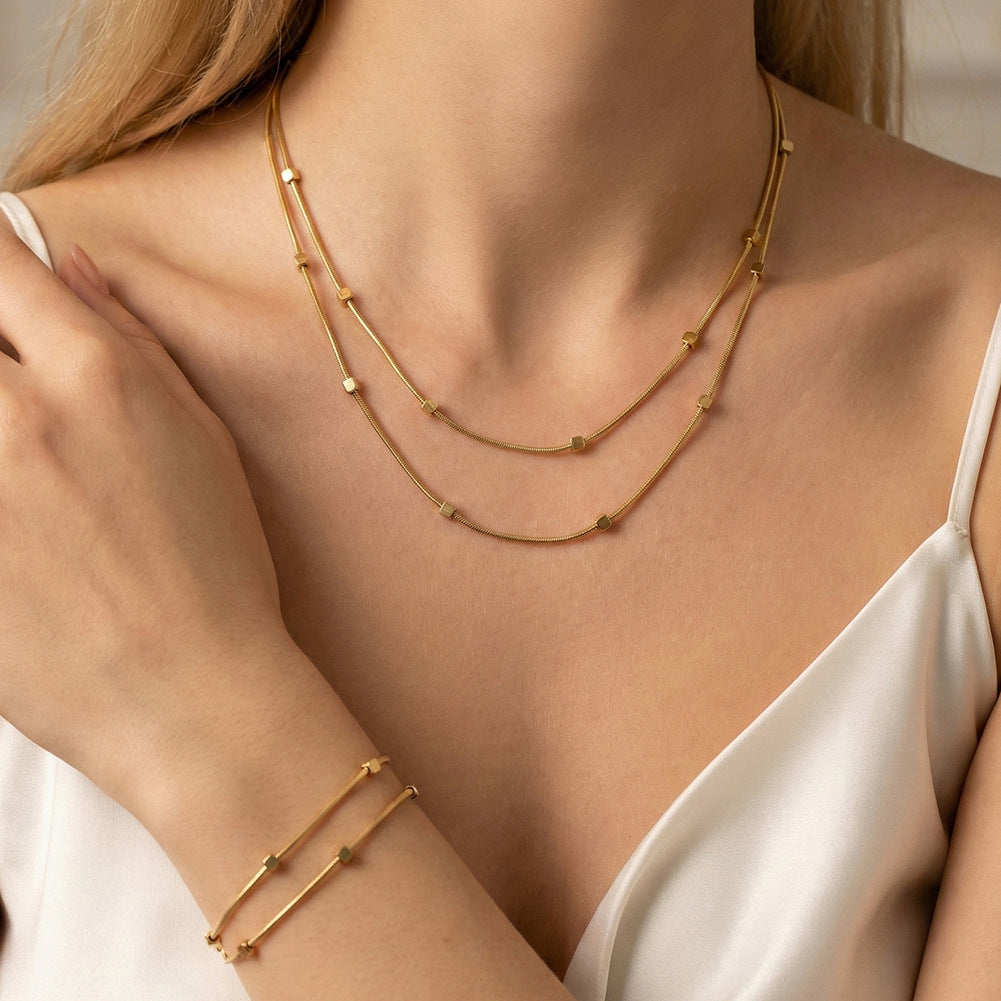 Gold Plated Stainless Steel Double Layer Snake Chain Bracelet, Hexagon Cube Bead Accents, Adjustable Extension Chain