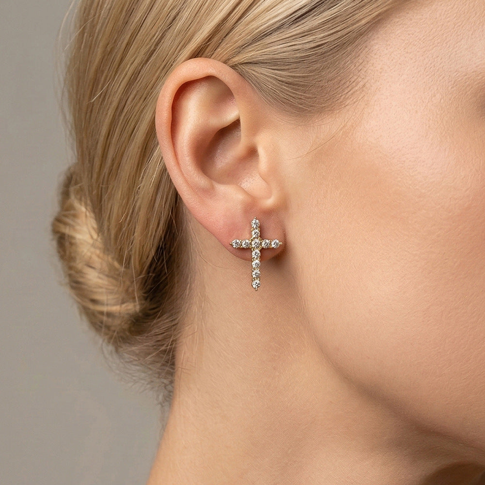 Gold Plated Stainless Steel Paved CZ Cross Stud Earrings
