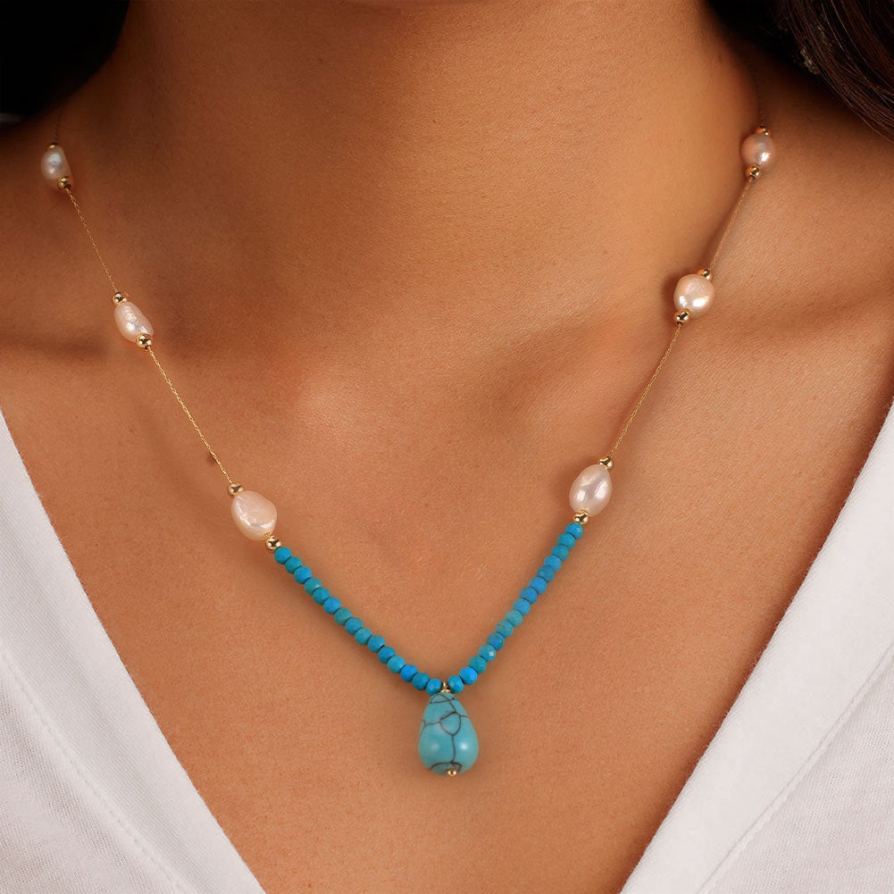 Gold Stainless Steel Turquoise & Pearl Station Necklace, Baroque Imitation Pearl Beaded Chain with Teardrop Turquoise Drop Pendant