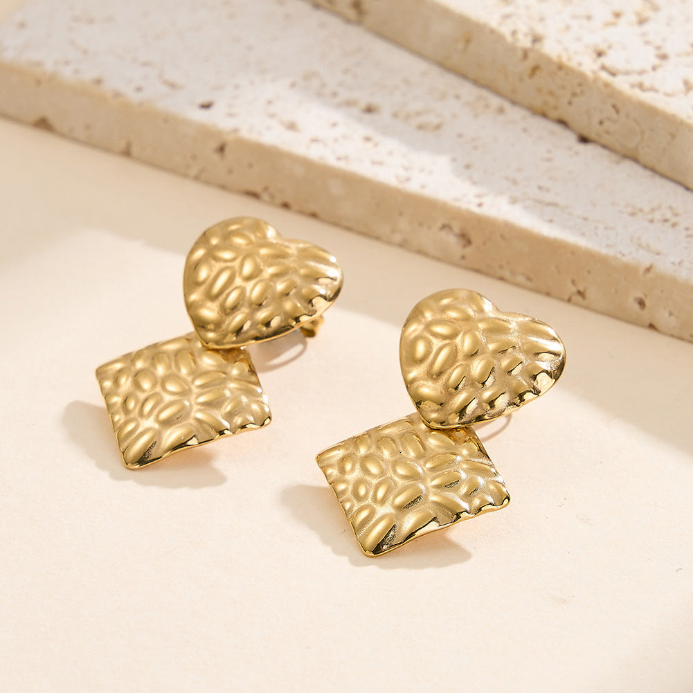Gold Plated Stainless Steel Hammered Heart & Square Drop Stud Earrings