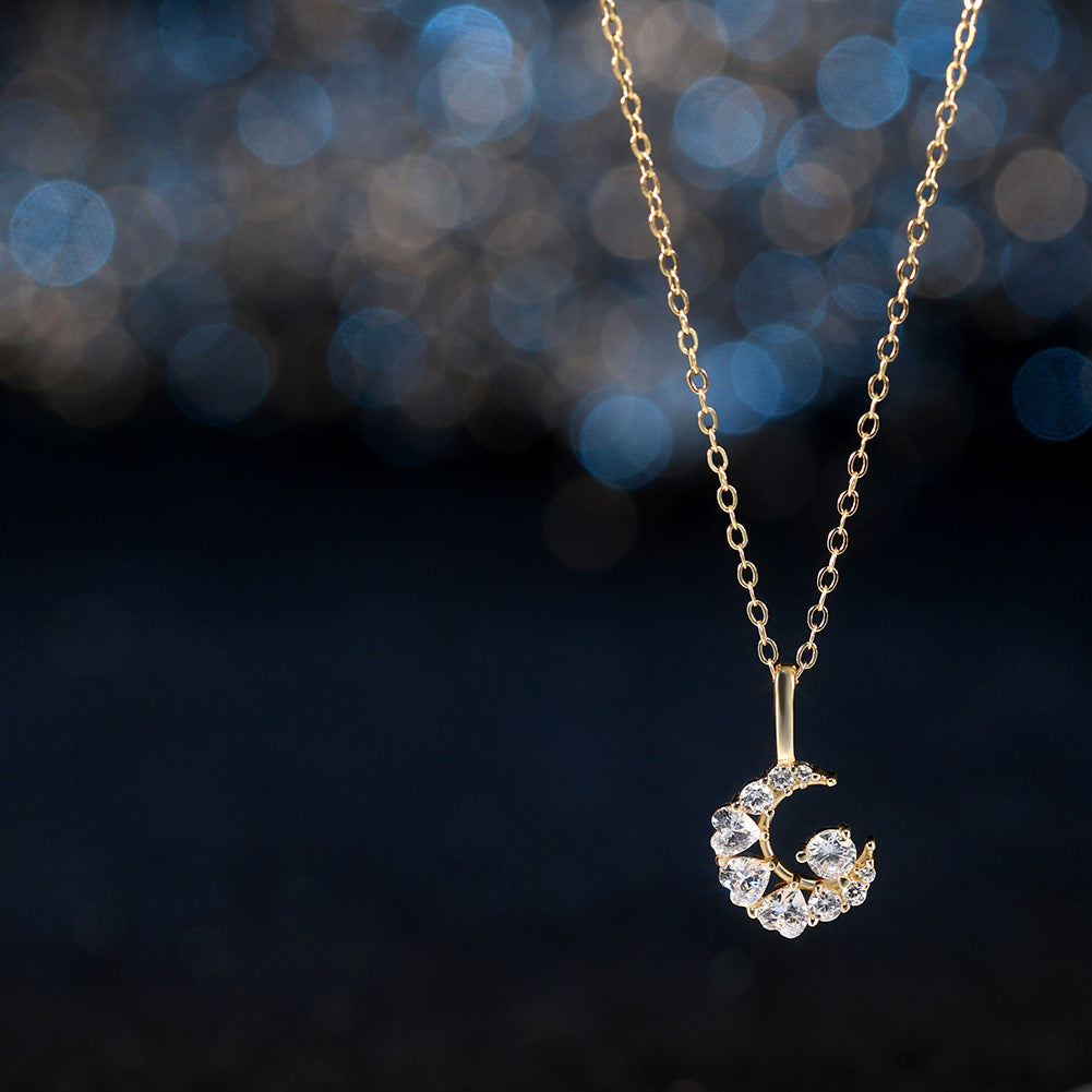 Gold Stainless Steel Crescent Moon Pendant Necklace, Mixed Size Paved Clear CZ Moon Charm Necklace