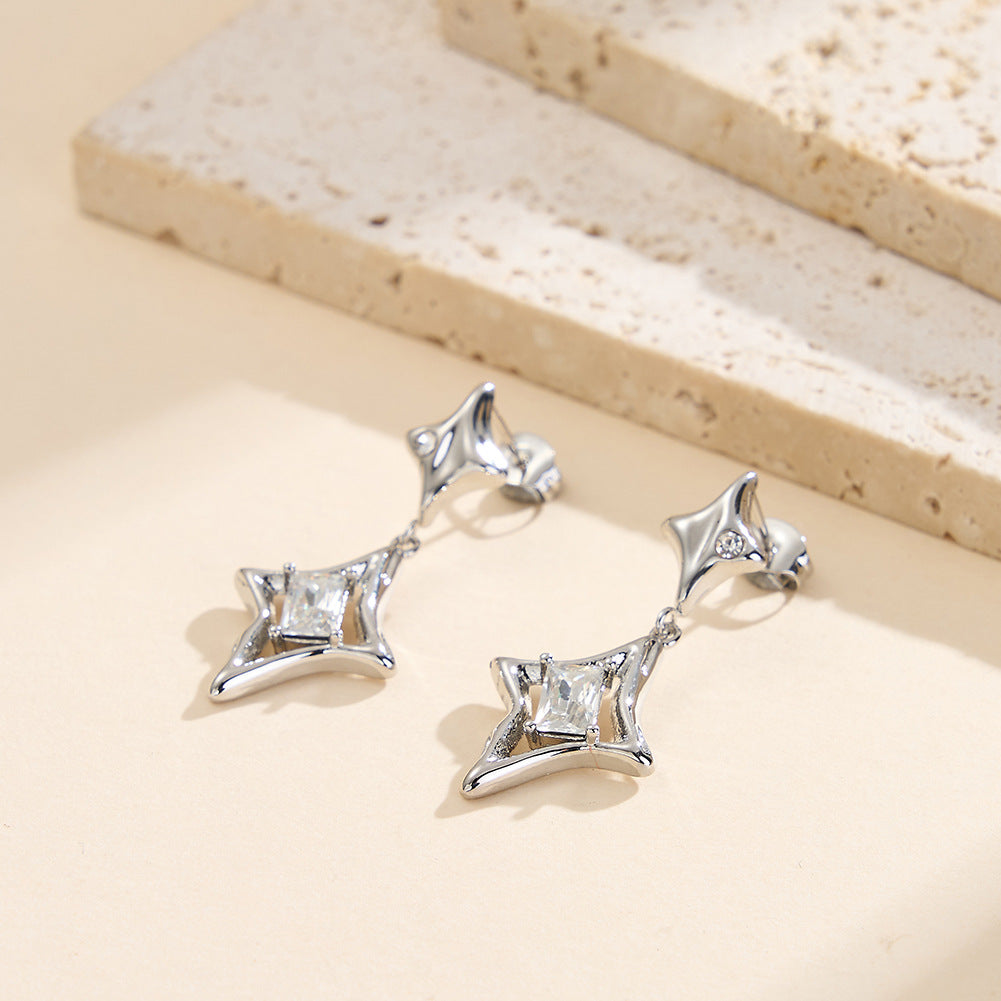 Gold Plated Stainless Steel Hollow Star Shape CZ Drop Stud Earrings