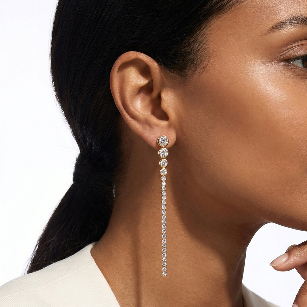 Gold Plated Stainless Steel Graduated Round CZ Long Tassel Dangle Earrings