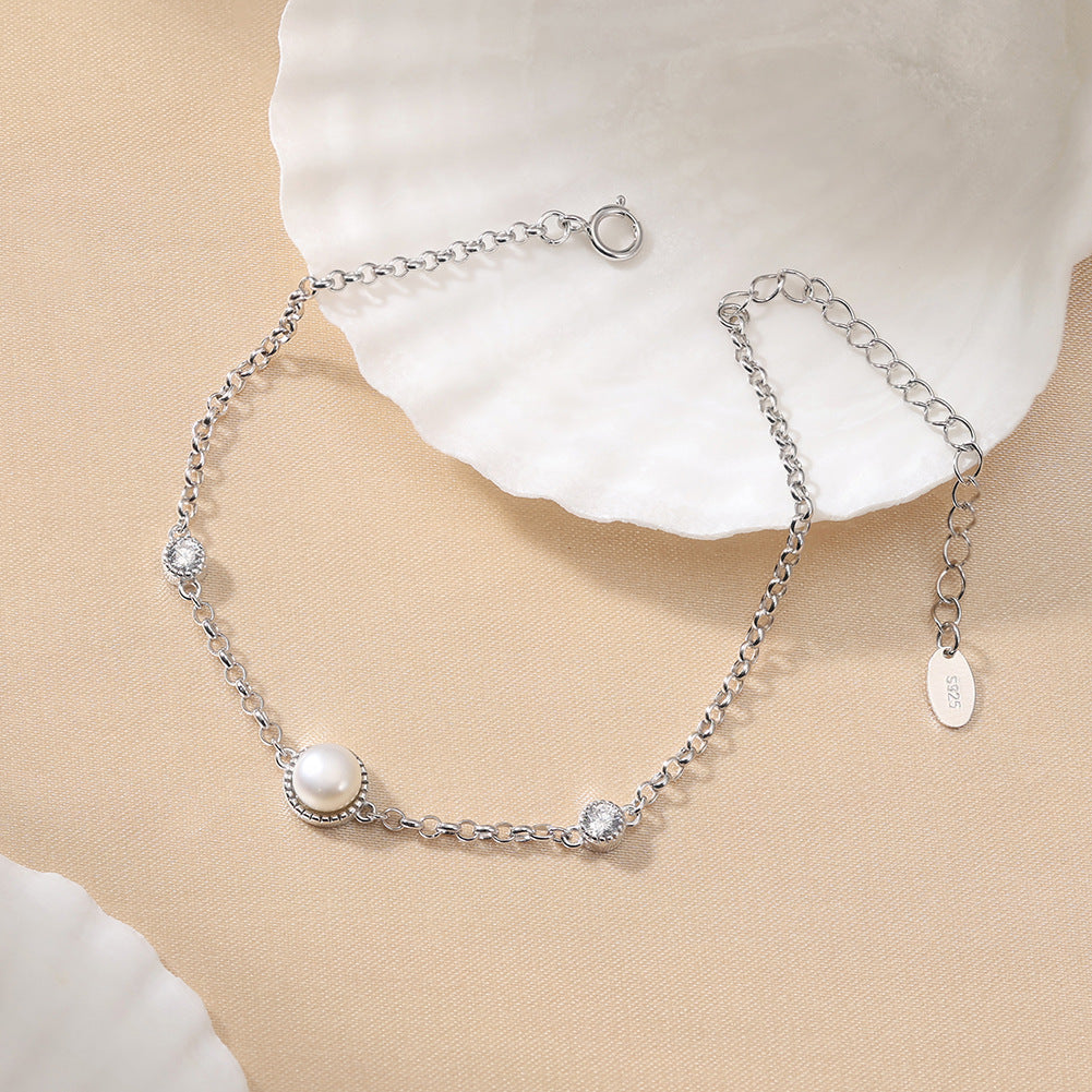 S925 Sterling Silver Dainty Chain Bracelet, Central Round Freshwater Pearl with CZ Halo Side Accents, Adjustable Extension Chain