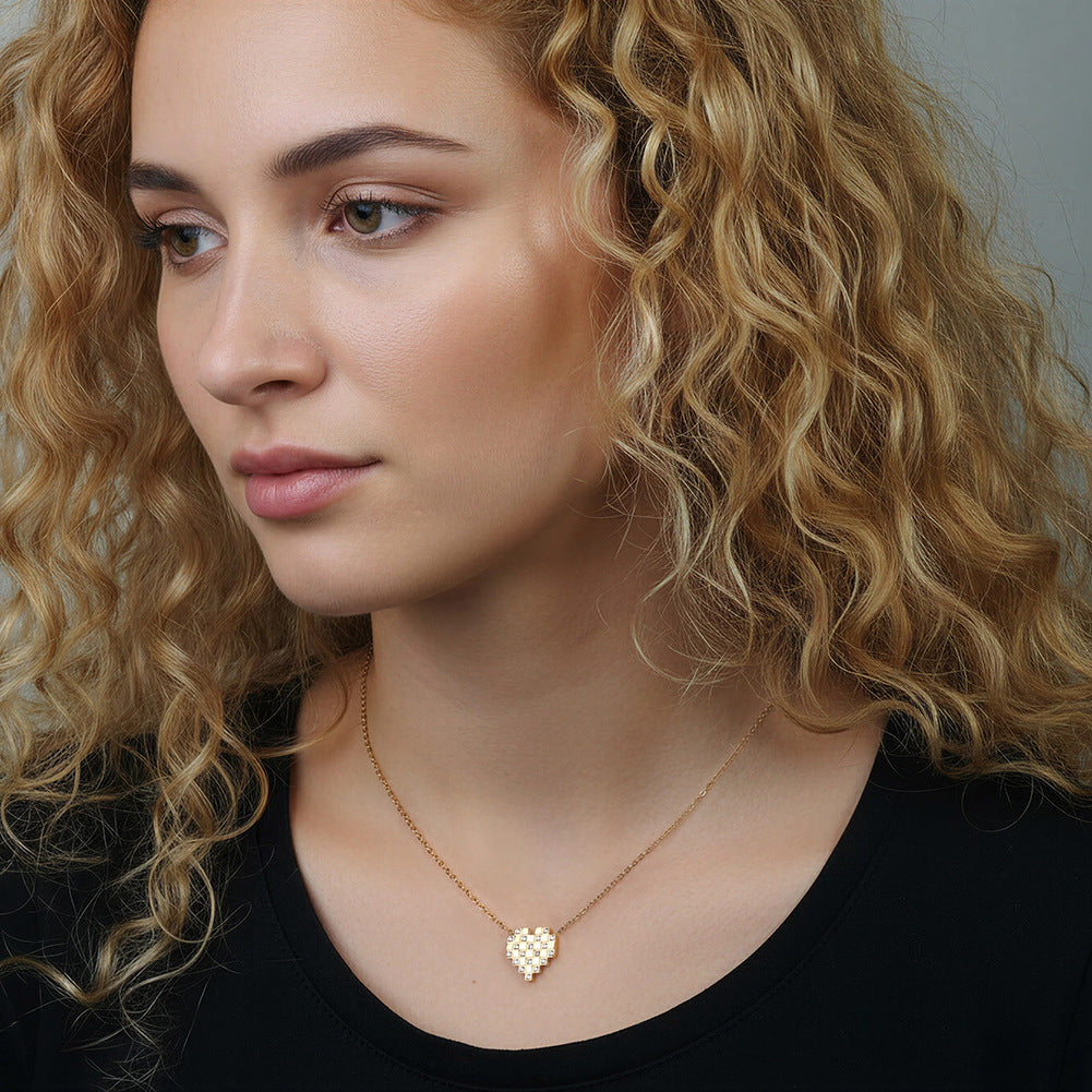 Gold Stainless Steel Pixel Heart Necklace, Mosaic Square Heart Pendant Inlaid with Round Clear CZ Stones, Thin Rolo Chain