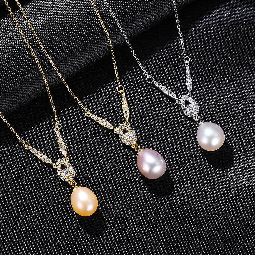 925 Sterling Silver Natural Pearl Drop Necklace Fashion Jewelry Gift for Women Girls