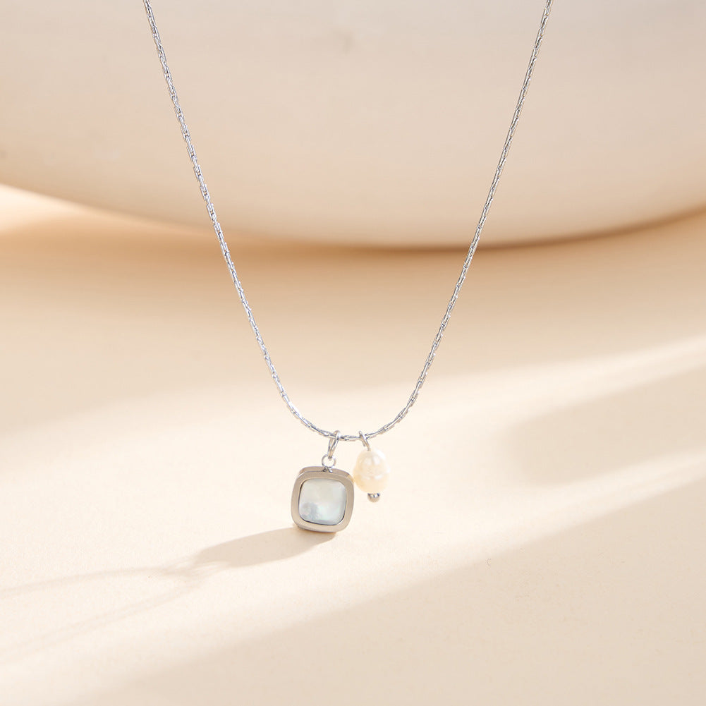 Gold Stainless Steel Dainty Square Pendant Necklace, Square White Mother of Pearl Charm with Baroque Pearl & Tiny Gold Ball Accent