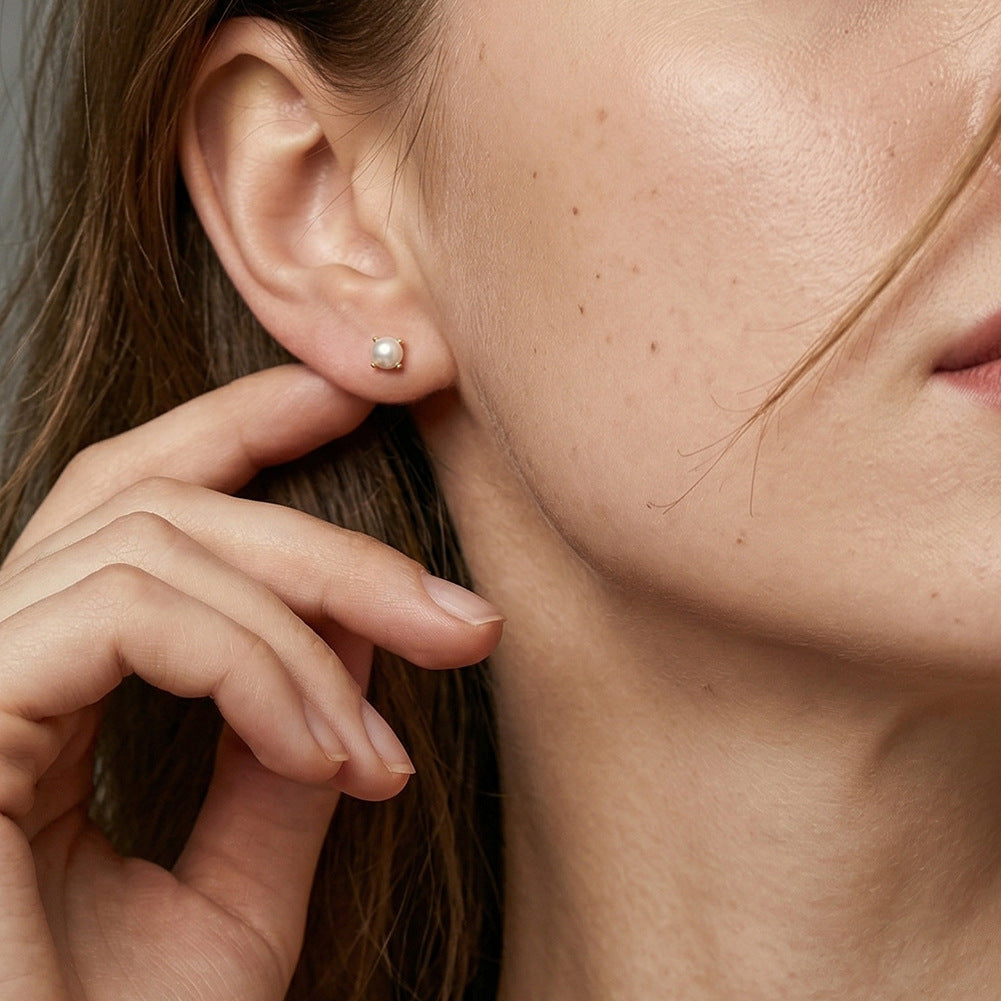 S925 Sterling Silver Gold Plated 4-Prong Round Freshwater Pearl Screw Back Stud Earrings, Simple Solid Gold Tone Pearl Ear Studs