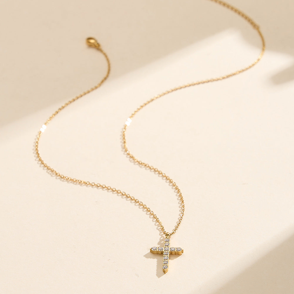 Gold Stainless Steel Vintage Paved CZ Cross Pendant Necklace, Ornate Round Cubic Zirconia Cross Charm Necklace
