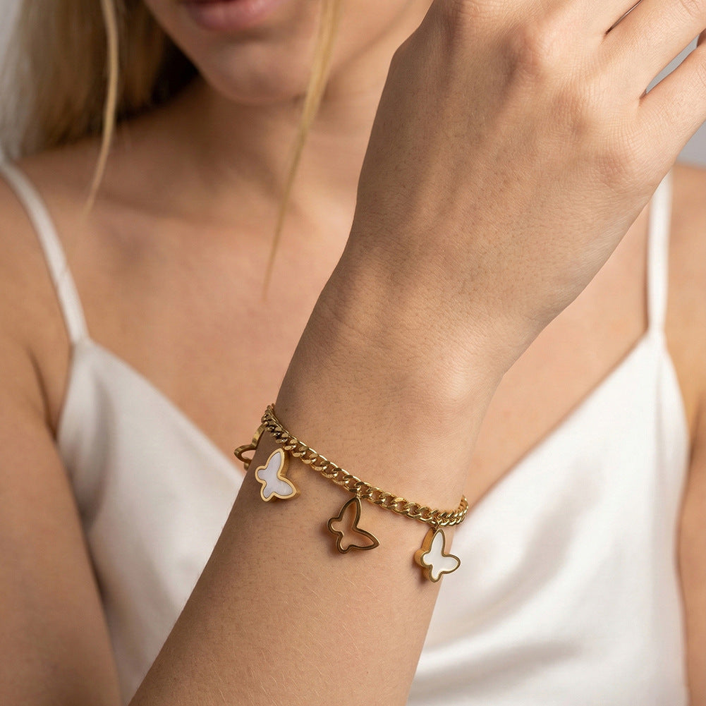 Gold Plated Stainless Steel Curb Chain Butterfly Bracelet, Hollow Outline Butterflies & Mother of Pearl Inlaid Butterfly Charms