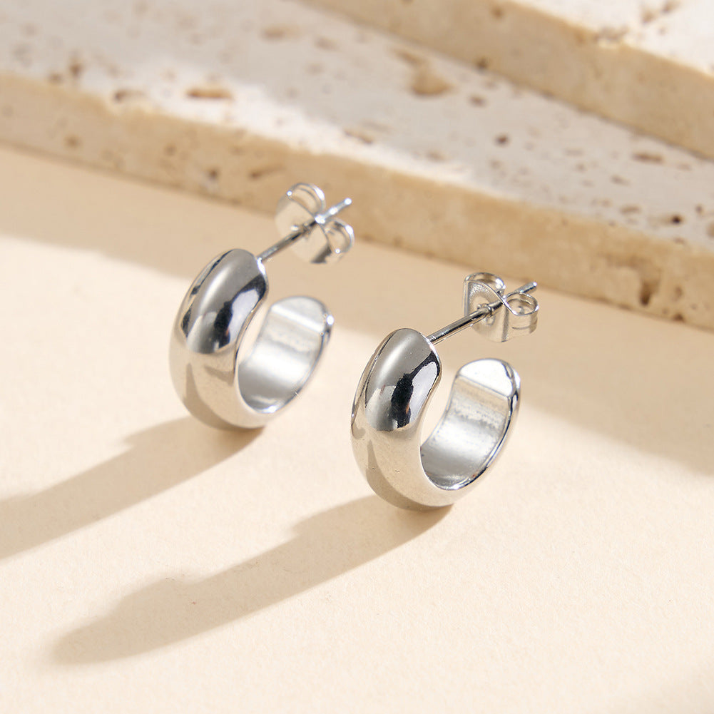 Gold Plated Stainless Steel Chunky Smooth Wide C-Shaped Hoop Stud Earrings