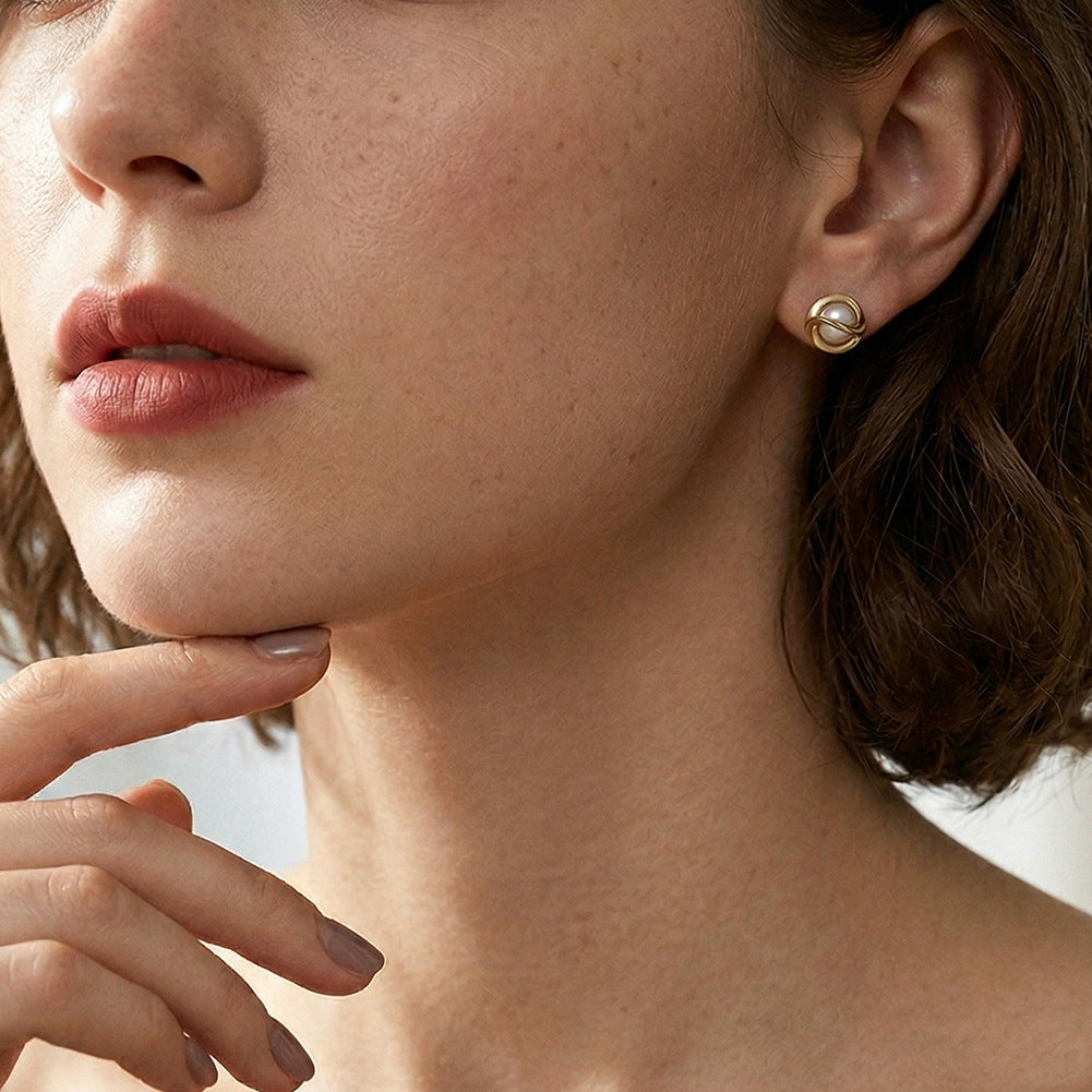 S925 Sterling Silver Twisted Wrap Round Freshwater Pearl Screw Back Stud Earrings, Minimalist Spiral Frame Pearl Ear Piercing Studs