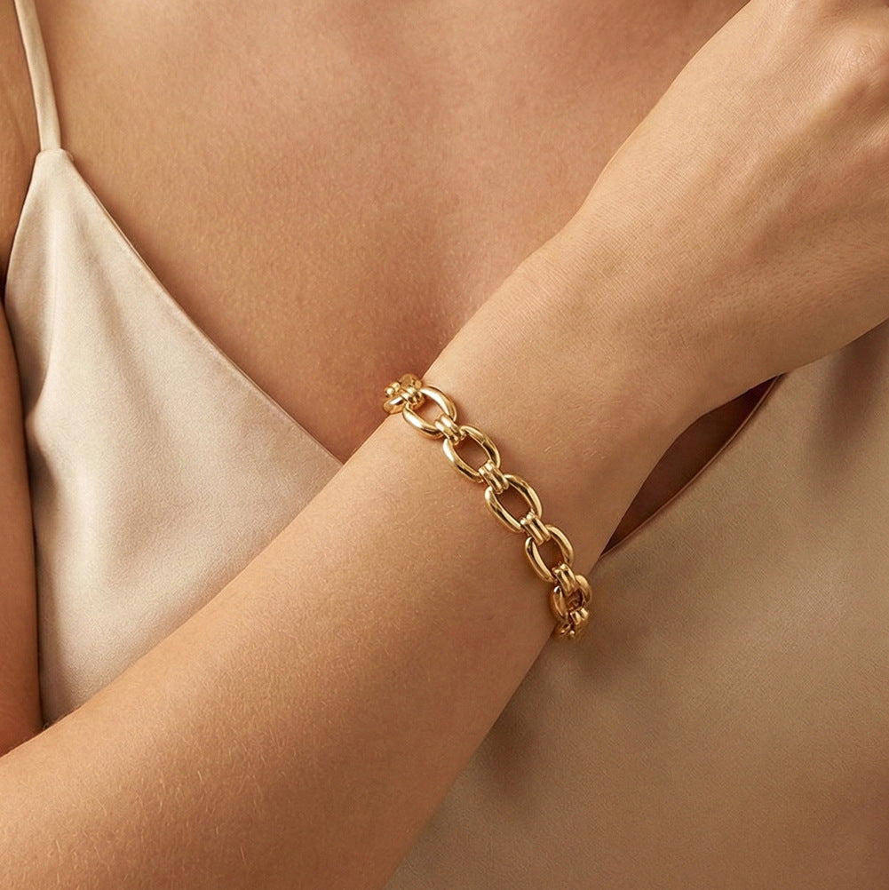 Gold Plated Stainless Steel Large Oval Link Bracelet, Thick Interlocked Elongated Chain Links, Adjustable
