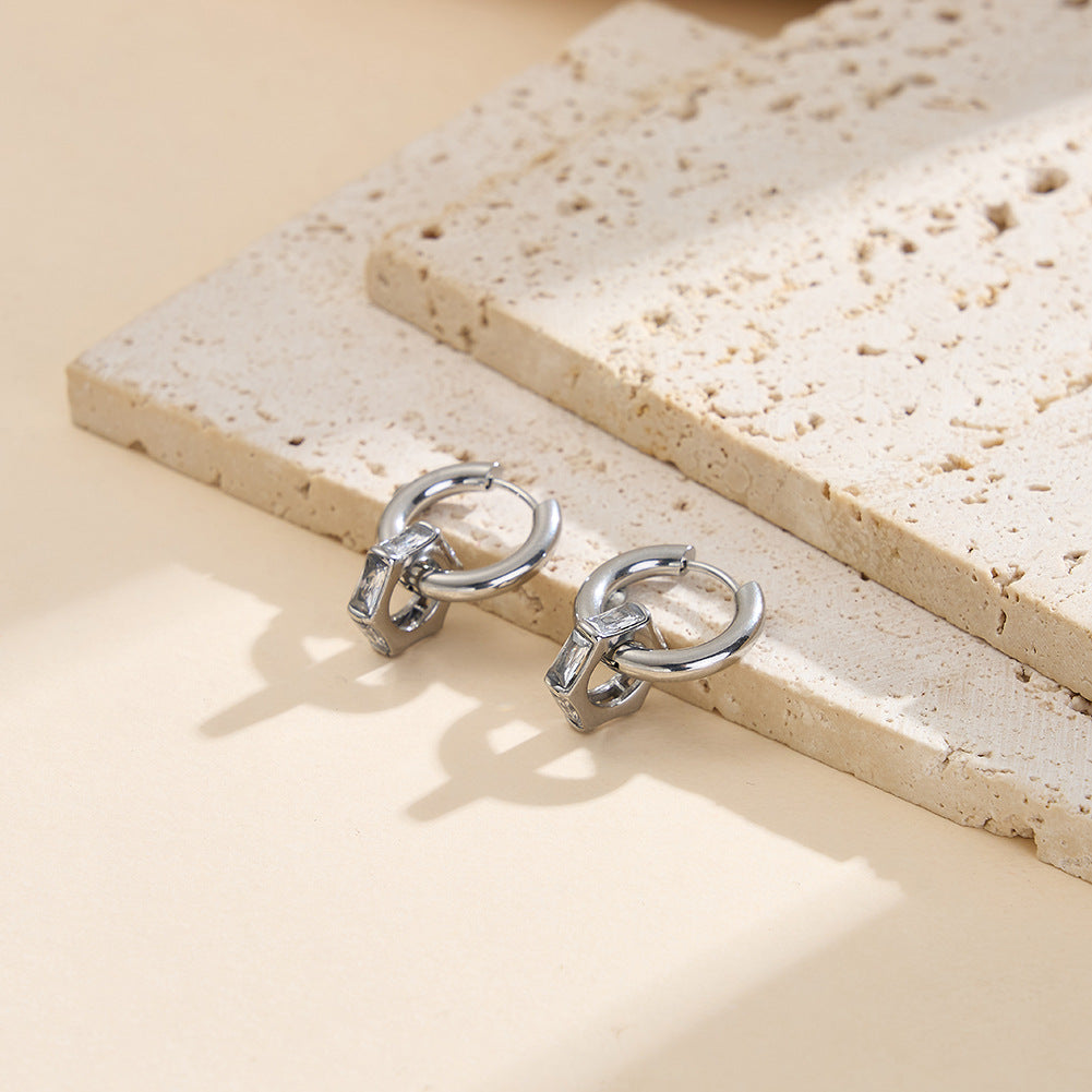 Gold Plated Stainless Steel Hexagonal CZ Charm Huggie Hoop Earrings