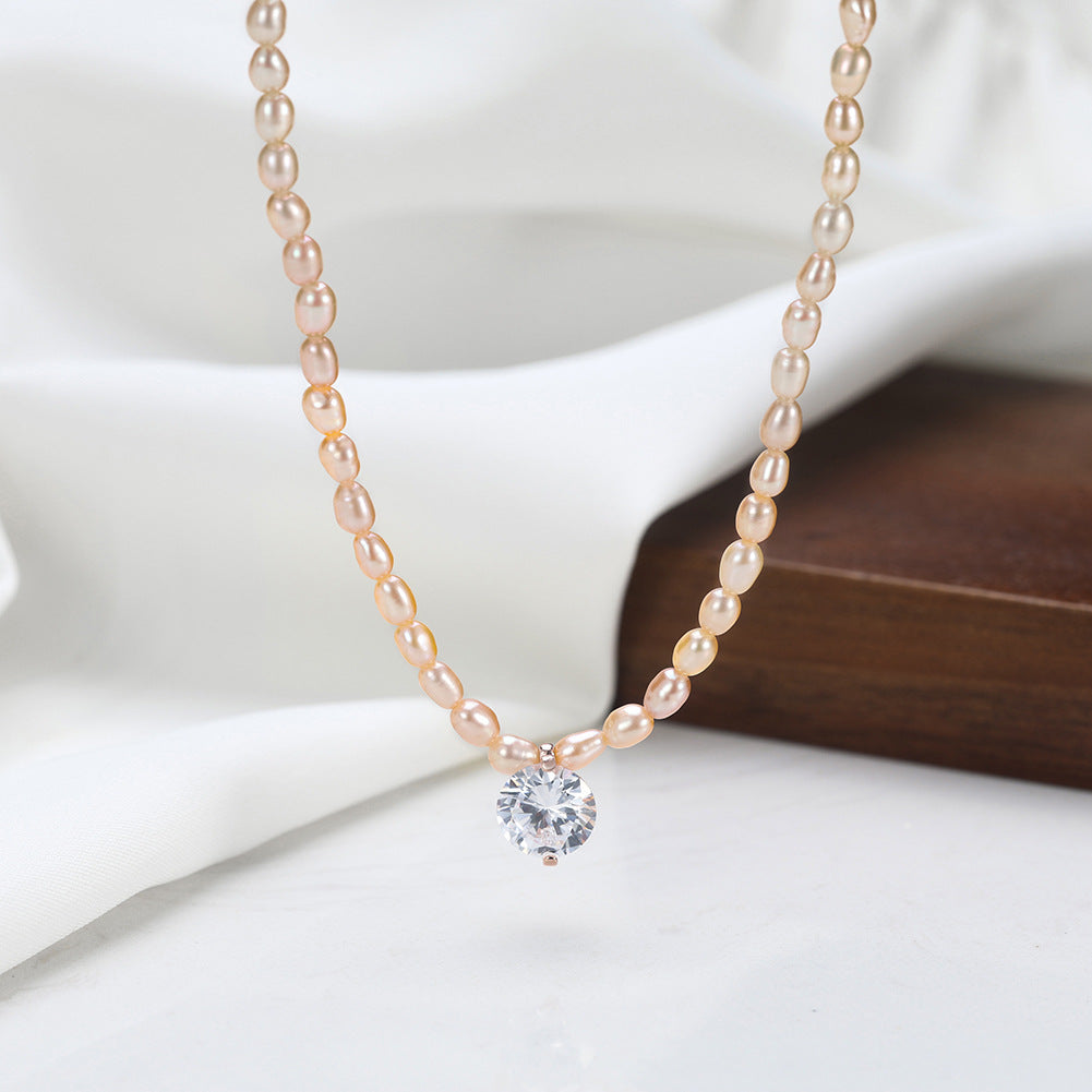 Champagne Rice Freshwater Pearl Choker Necklace, Lustrous Pale Peach Mini Pearls with Solitaire Cubic Zirconia Rose Gold Chain