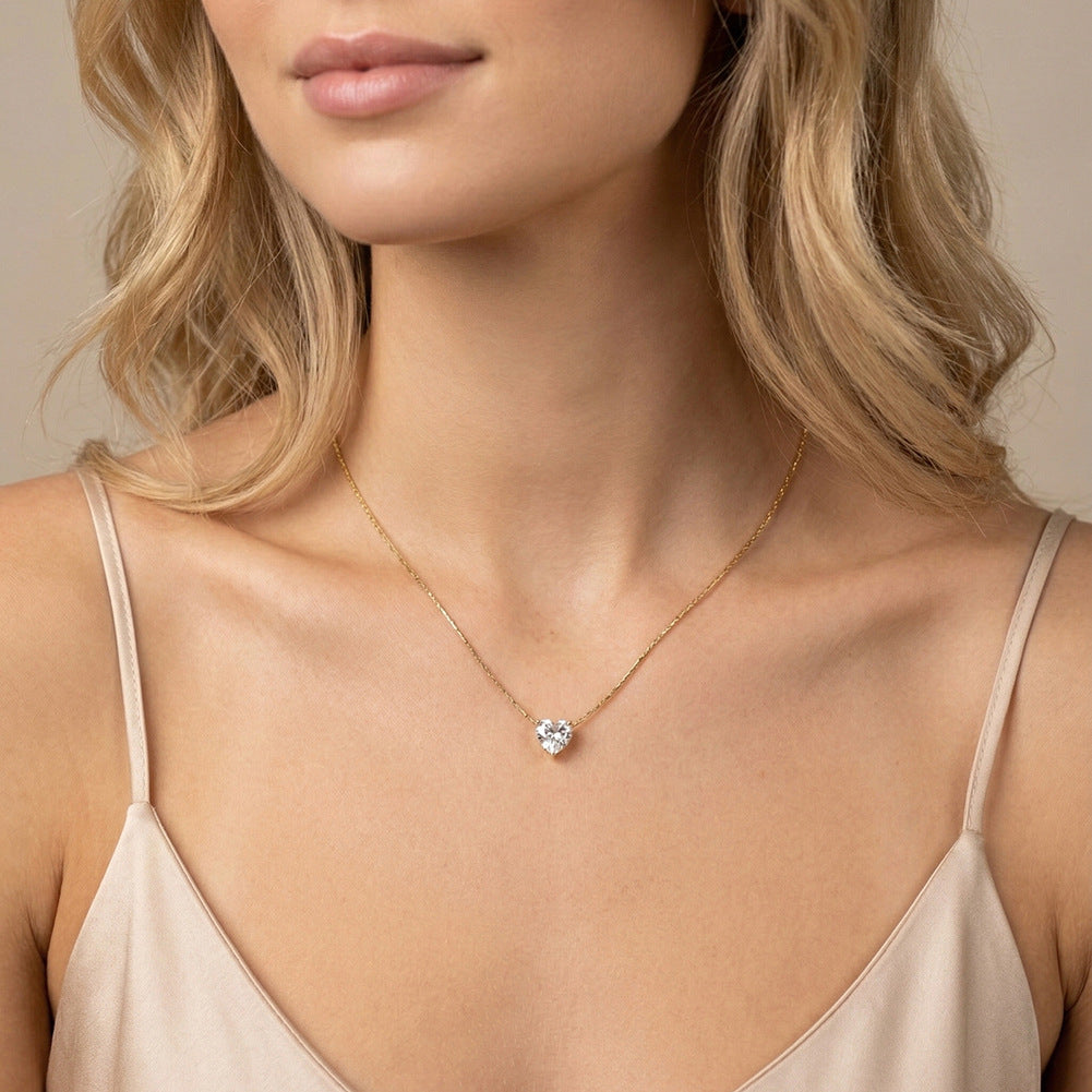 Gold Stainless Steel Heart Cut CZ Solitaire Necklace, Single Heart Shaped Clear Cubic Zirconia 4-Prong Set Thin Rectangular Link Chain