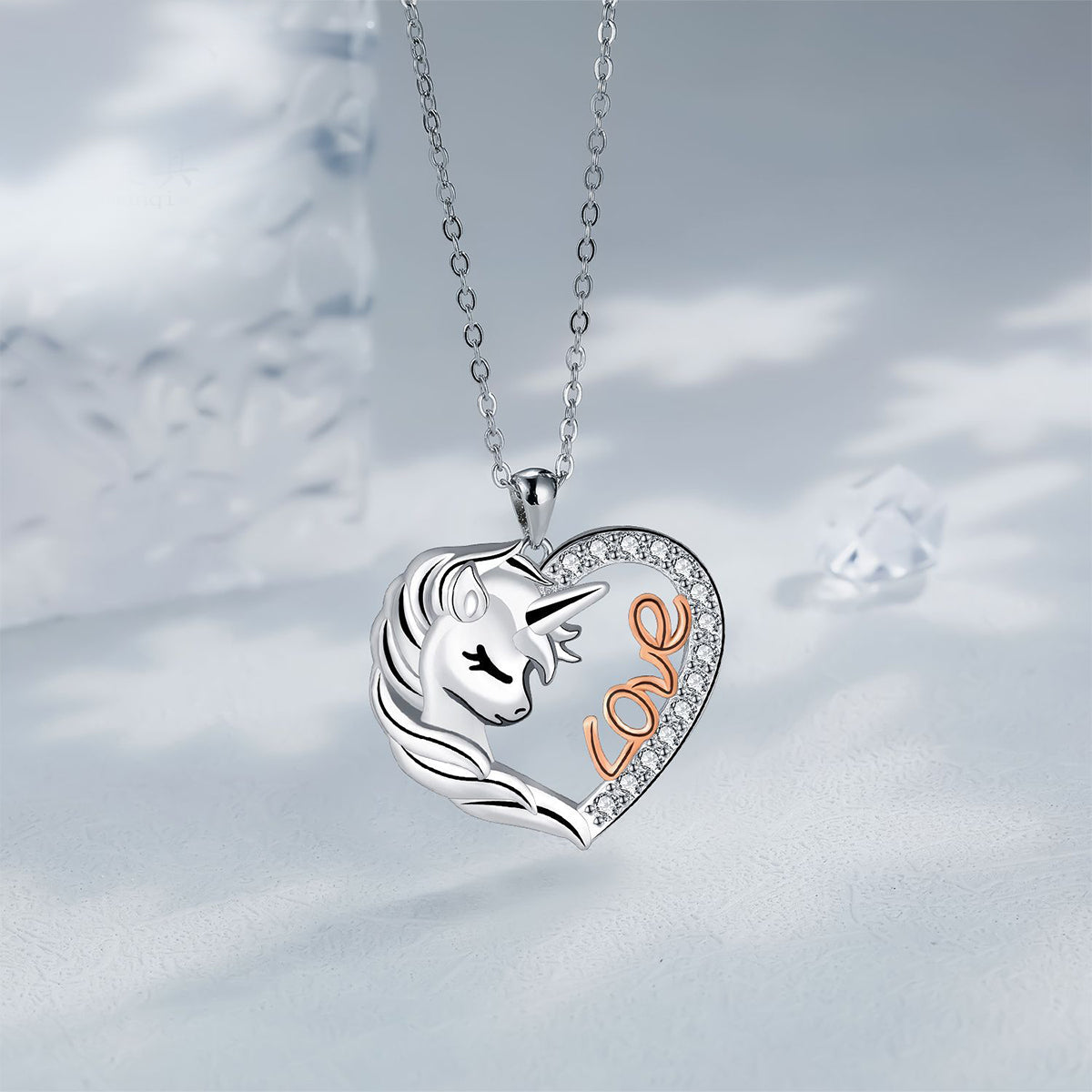 Copper With Silver/Rosegold Plated Heart Unicorn Pendant Necklace