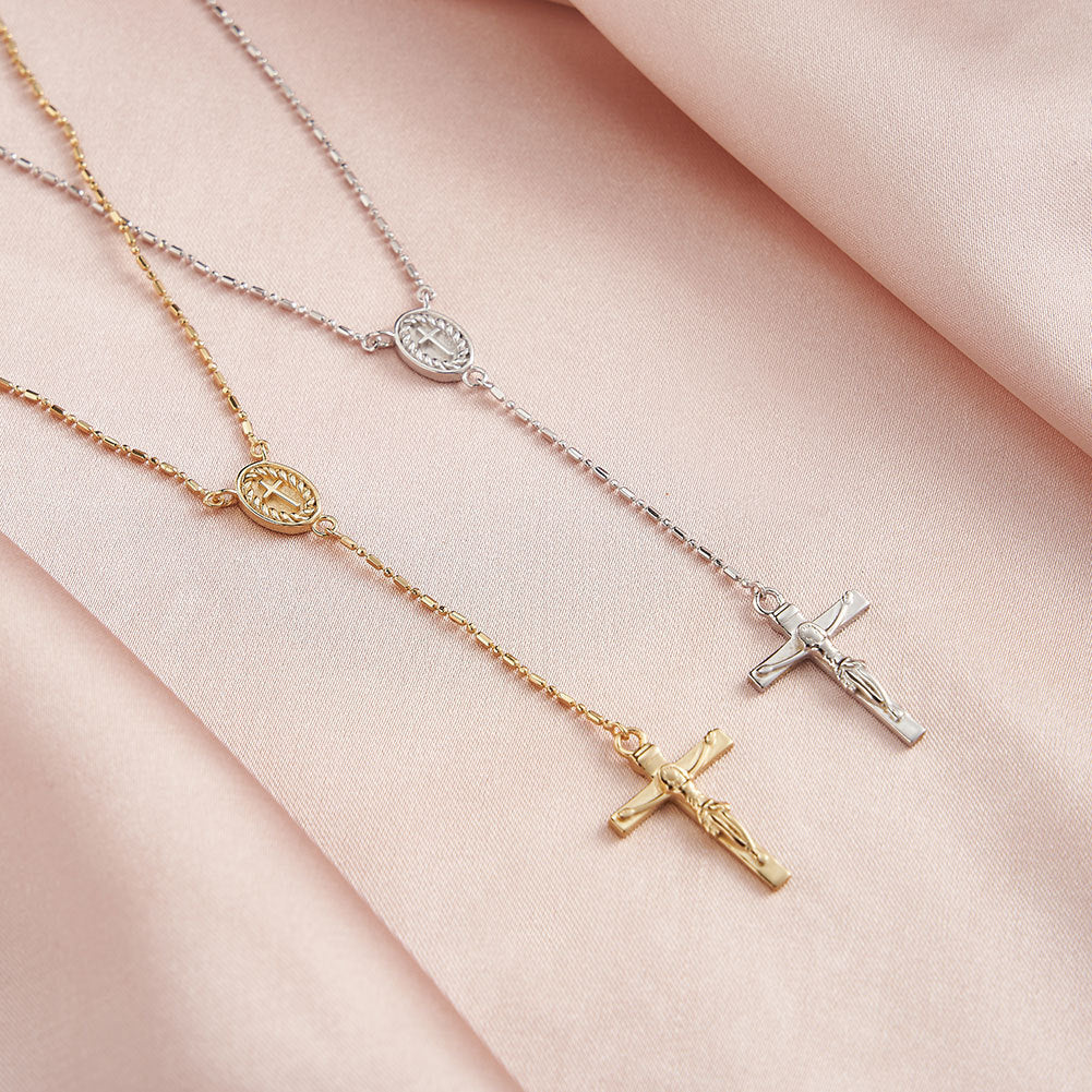Gold Stainless Steel Rosary Y Lariat Necklace, Beaded Ball Chain with Oval Virgin Mary Medal and Jesus Crucifix Cross Pendant