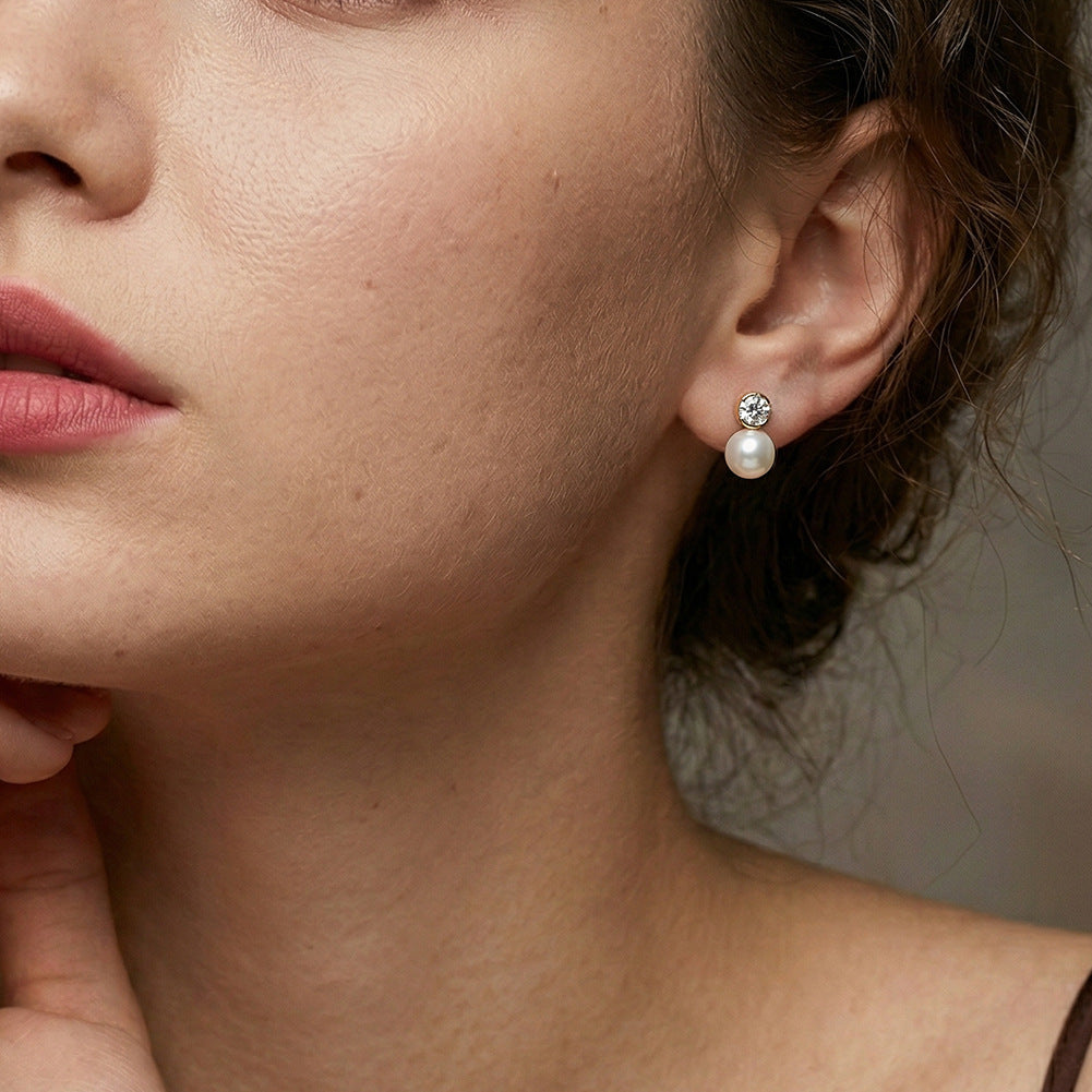 S925 Sterling Silver Half Bezel Round CZ & Large Lustrous Round Freshwater Pearl Stud Earrings for Women