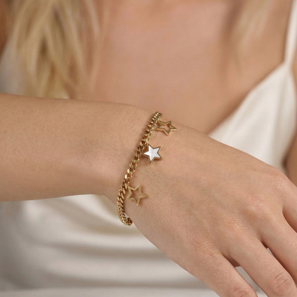 Gold Plated Stainless Steel Curb Chain Star Bracelet, Hollow Star Outlines & White Mother of Pearl Inlaid Star Pendants